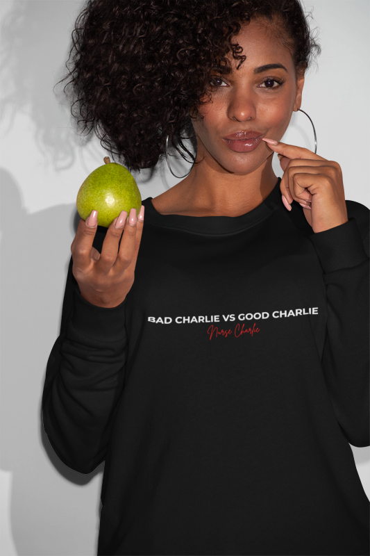 Bad Charlie Vs Good Charlie Sweater Logo- White/Red